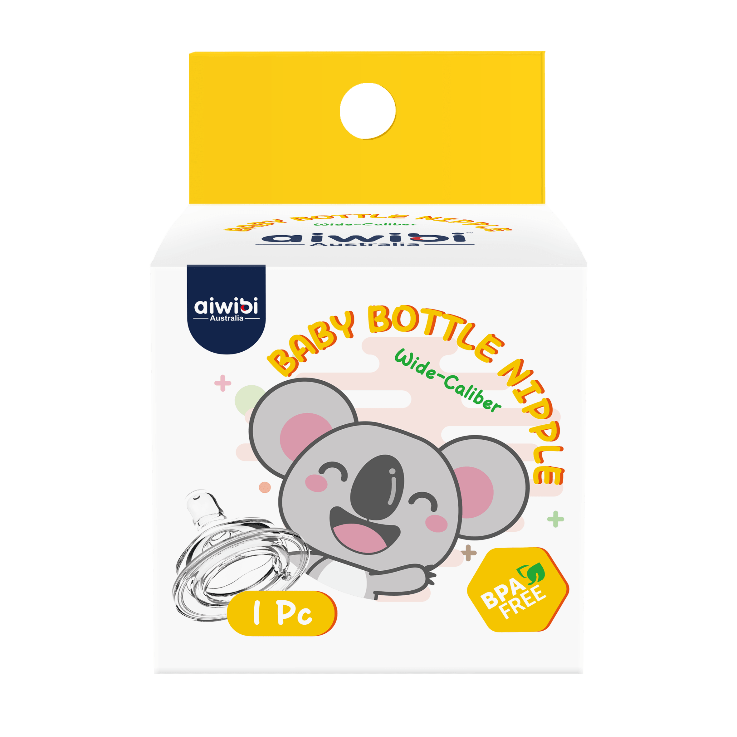 Box of AIWIBI baby bottle nipples with a picture of a smiling koala, indicating the product is for babies (0-12 months) and is BPA-free.